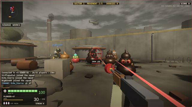 A squad battle against several types of Doody with a laser sight