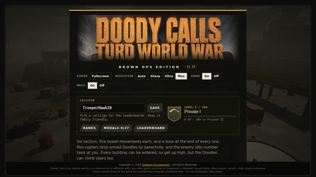 The title screen with the Doody Calls logo, options and career panel